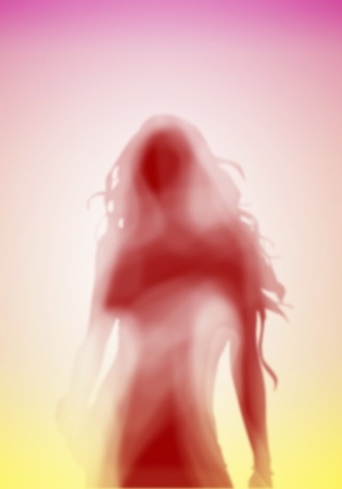 Image with a blurred female silhouette against colour backgroundの写真素材