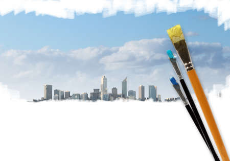 Picture of modern city landscape and brushesの写真素材