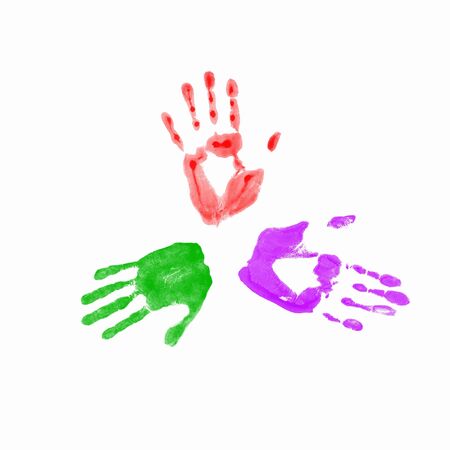 Colourful prints of human hands on white backgroundの写真素材