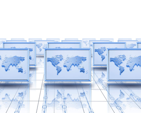 Computer screens with an image of the world on them 