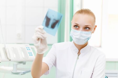 Young female doctor holding a X-ray sheet の写真素材