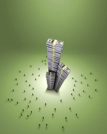 Money symbol with tiny human figures aroundの写真素材