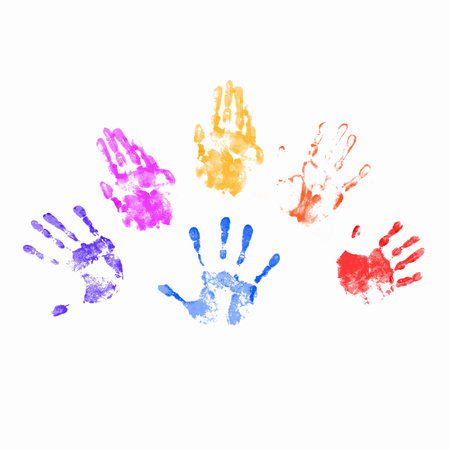 Colourful prints of human hands on white background