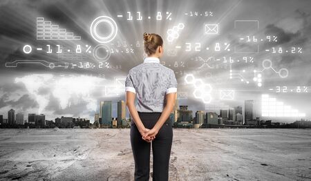 Image of business person with digital symbolsの写真素材