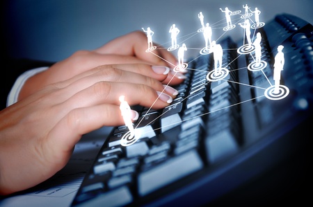 Computer keyboard and multiple social media imagesの写真素材