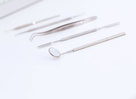 Set of metal medical equipment tools for teeth dental care の写真素材