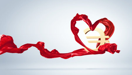 Young woman dancing with red fabric in studio and heart symbolの写真素材