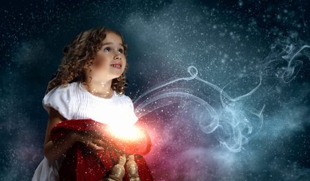 A cute young girl holding a christmas gift, dark background with christmas light bokeh