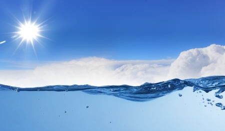 design template with underwater part and sunset skylight splitted by waterlineの写真素材