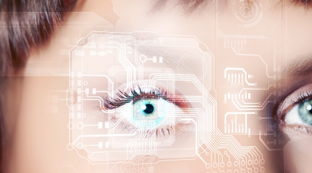 Eye viewing digital information represented by circles and signsの写真素材