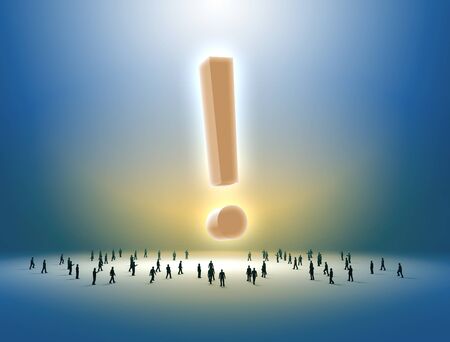 Group of tiny people walking towards an exclamation markの写真素材