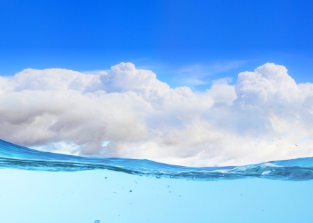 design template with underwater part and sunset skylight splitted by waterlineの写真素材