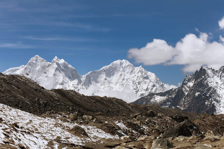 High mountains in white cloud  Nepal  Everest