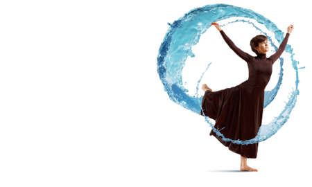 Girl dancing in a color dress with a gray background  Collageの写真素材