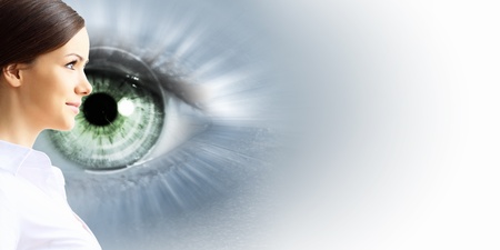 Human eye and woman face on white backgroundの写真素材
