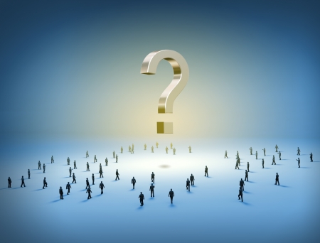 Group of tiny people walking towards a question markの写真素材