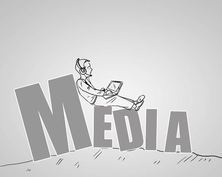 Drawing of a businessman sitting on the word mediaの写真素材