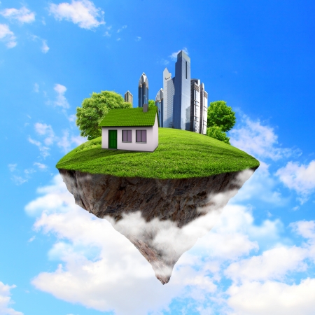 Little fine island   planet  A piece of land in the air  Lawn with house and tree  Pathway in the grass  Detailed ground in the base  Concept of success and happiness, idyllic ecological lifestyleの写真素材