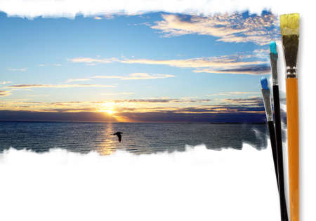 Picture of sunny sea landscape and brushesの写真素材