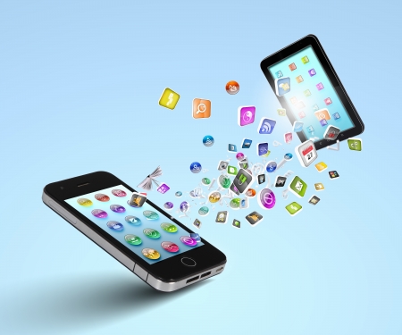 Modern communication technology illustration with mobile phone and high tech backgroundの写真素材