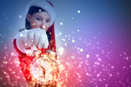 excited girl with santa hat holding clock  illustration