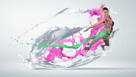 Modern style dancer jumping and paint splashes Illustrationの写真素材