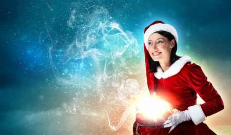 Christmas illlustration of beautiful girl in santa costume