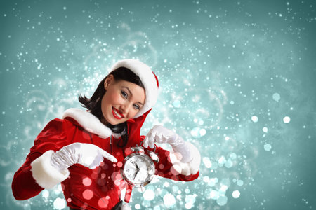 excited girl with santa hat holding clock  illustration