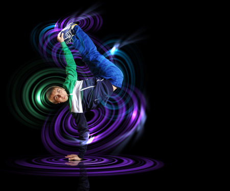 Modern style dancer posing against dark background with light effects  Illustration