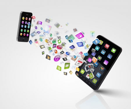 Modern communication technology illustration with mobile phone and high tech backgroundの写真素材