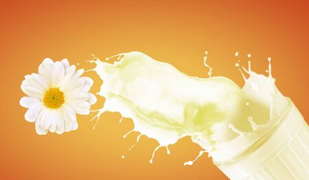 Fresh milk in the glass on colour background, illustrationの写真素材