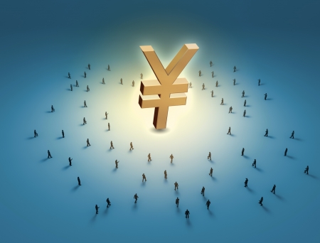 Money symbol with tiny human figures aroundの写真素材