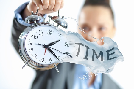 Time in business illustration with clock in hands of businesswoman Time in business illustration with clock in hands of businesswoman