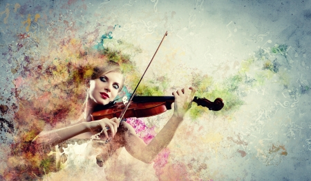Image of beautiful female violinist playing with closed eyes against splashes backgroundの写真素材