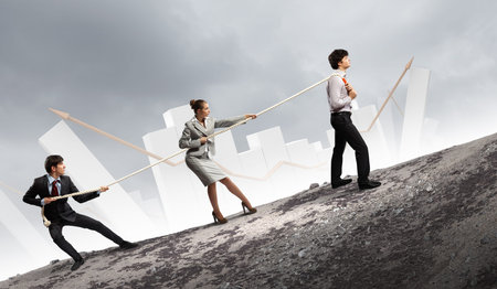 Image of three businesspeople pulling rope with bars picture in background