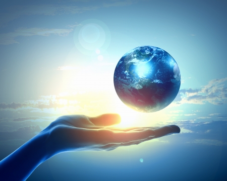 Image of hand holding earth planet against illustration backgroundの写真素材