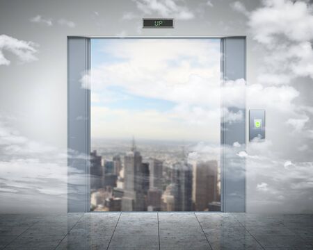 the elevator doors and the natural landscape behind themの写真素材