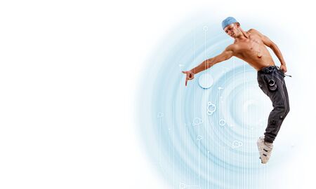 young man in a blue cap dancing hip hop - collageの写真素材