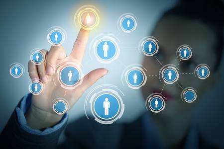 Image of female touching virtual icon of social networkの写真素材