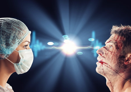 Meeting the surgeon and the patient looks  Black background, collageの写真素材