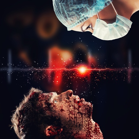 Meeting the surgeon and the patient looks  Black background, collageの写真素材