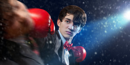 Two young businessman boxing againts dark background   conceptual collageの写真素材