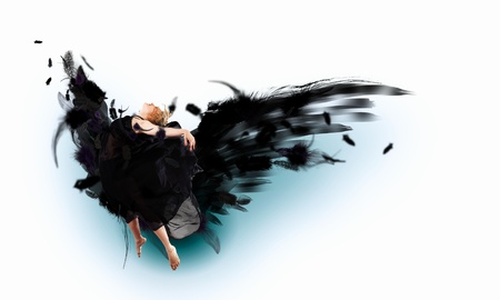 Woman floating in a dance on dark wings  Collage の写真素材