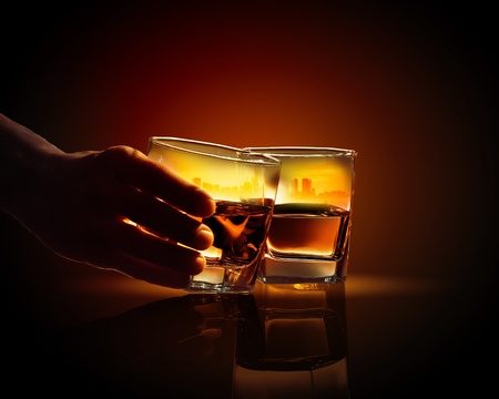 Image of two glasses of whiskey with city illustration inの写真素材