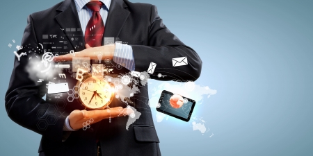 Image of businessman holding alarmclock against illustration background Collage Image of businessman holding alarmclock against illustration background Collage