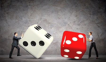 Man and woman pulling dices  Interaction conceptの写真素材