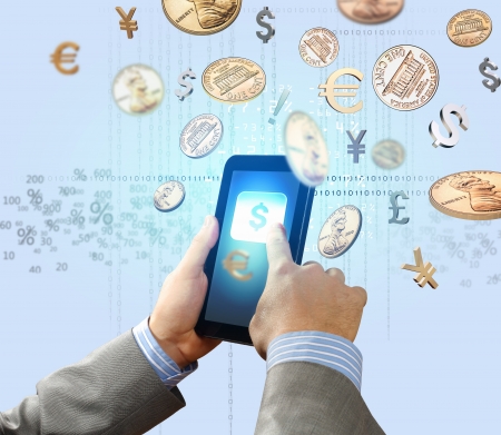 Close-up image of male hands holding tablet pcの写真素材