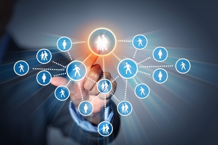 Image of male touching virtual icon of social networkの写真素材