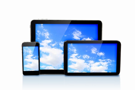 Set of three computer devices with clouds illustrationの写真素材