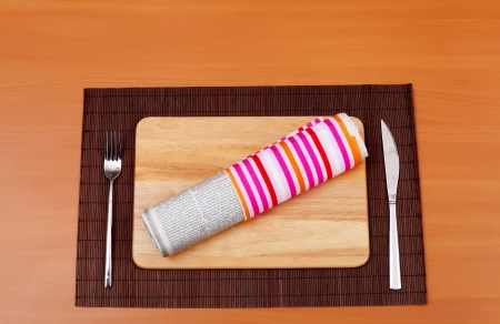Metal knife and fork on the tableの写真素材